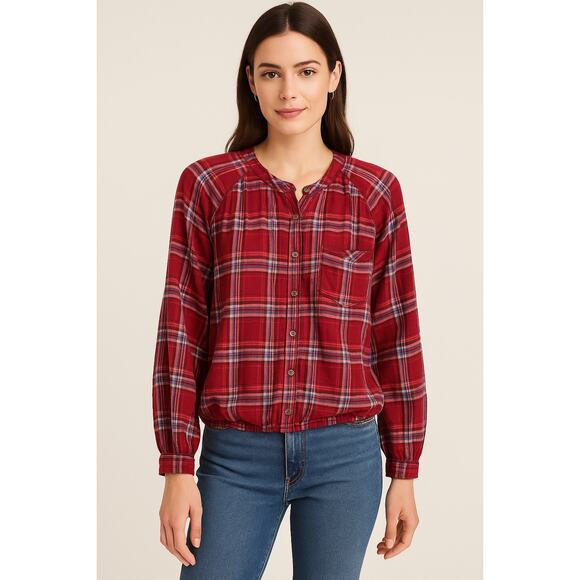 ANTHROPOLOGIE | Pilcro Red Plaid Button Front Long Sleeve Blouse | Medium - Picture 2 of 8
